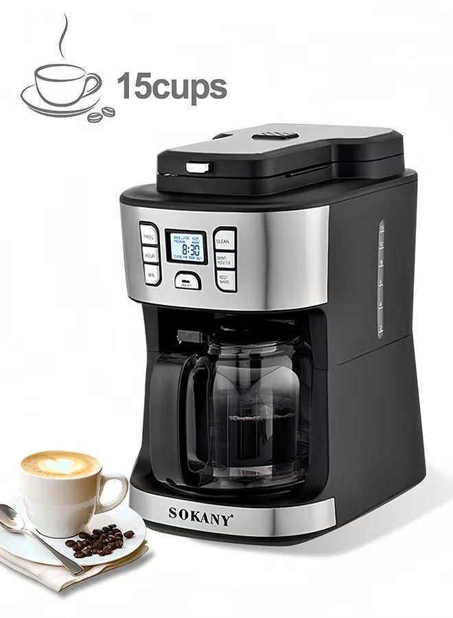 سوكاني ماكينة صنع القهوة/ماكينة القهوة، بقدرة 1086 وات، إبريق زجاجي سعة 15 كوبًا/1.8 لتر، قابلة للبرمجة لمدة 24 ساعة مع آلية إيقاف التنقيط، شاشة LCD SK-506E باللون الأسود - Image 1